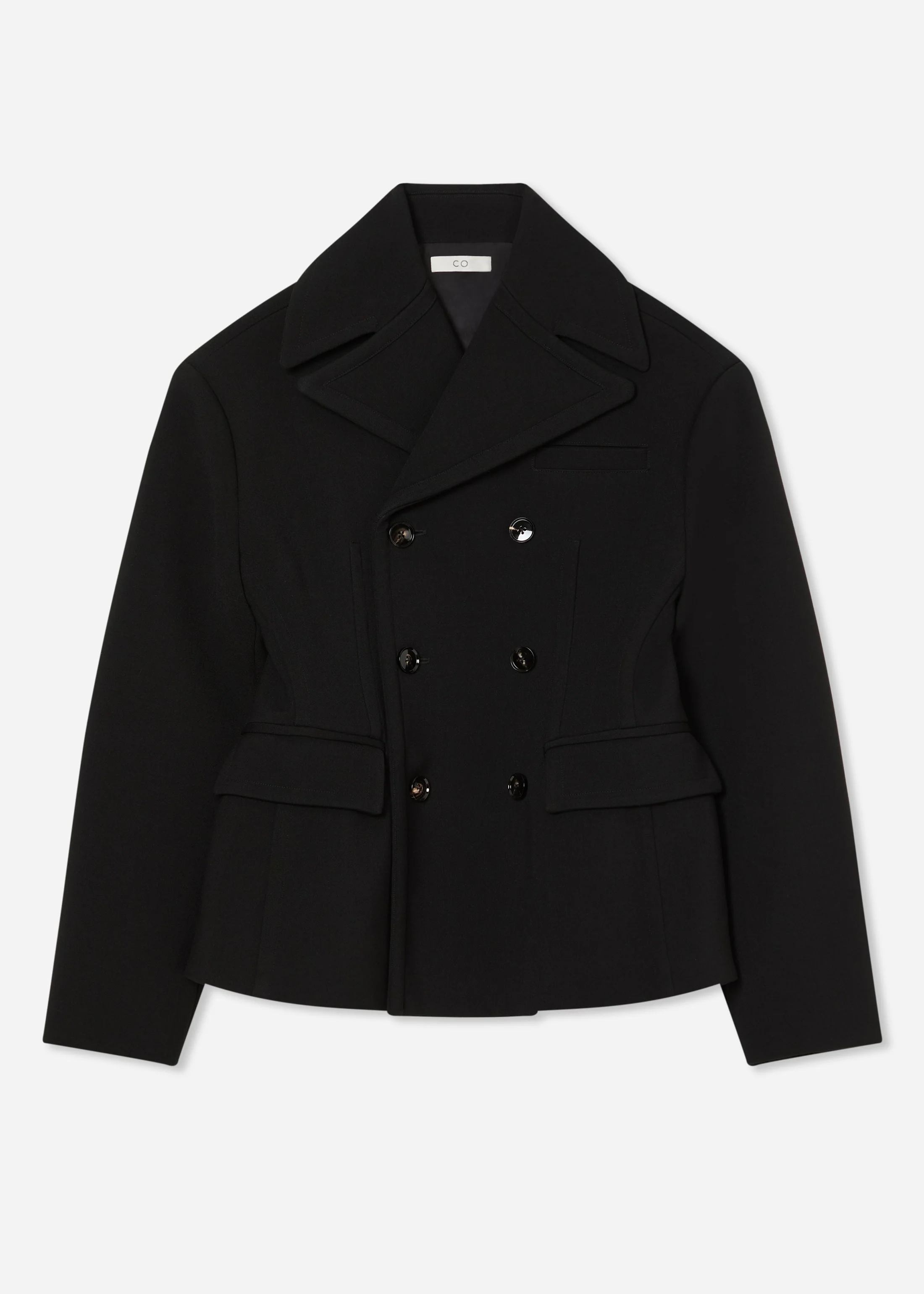 Oversized Double Breasted Peplum Jacket in Wool - Black - Image 6