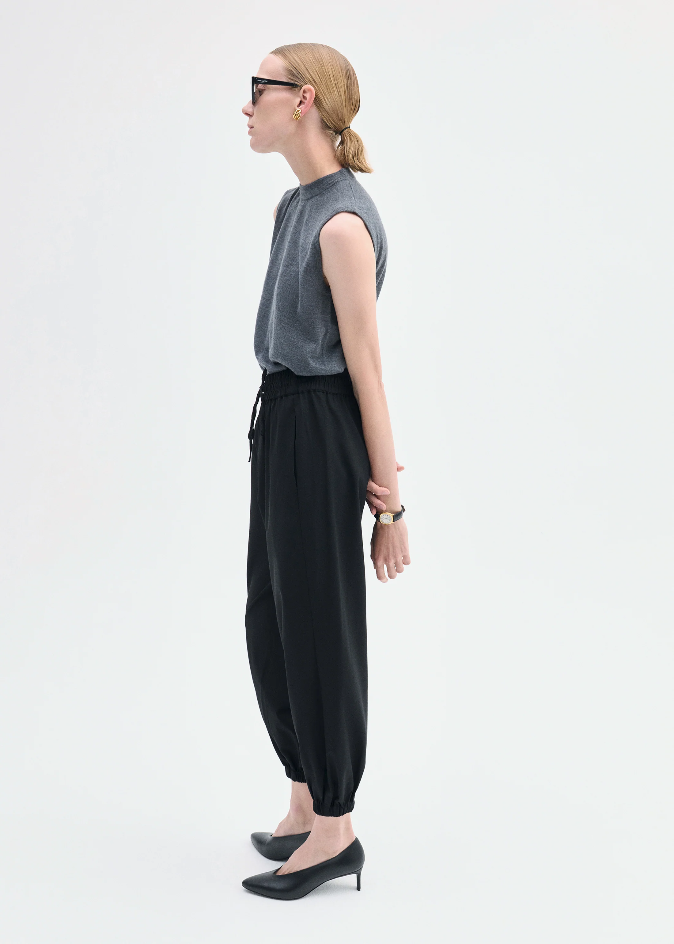 Jogger Pant in Stretch Wool Suiting - Black - Image 3