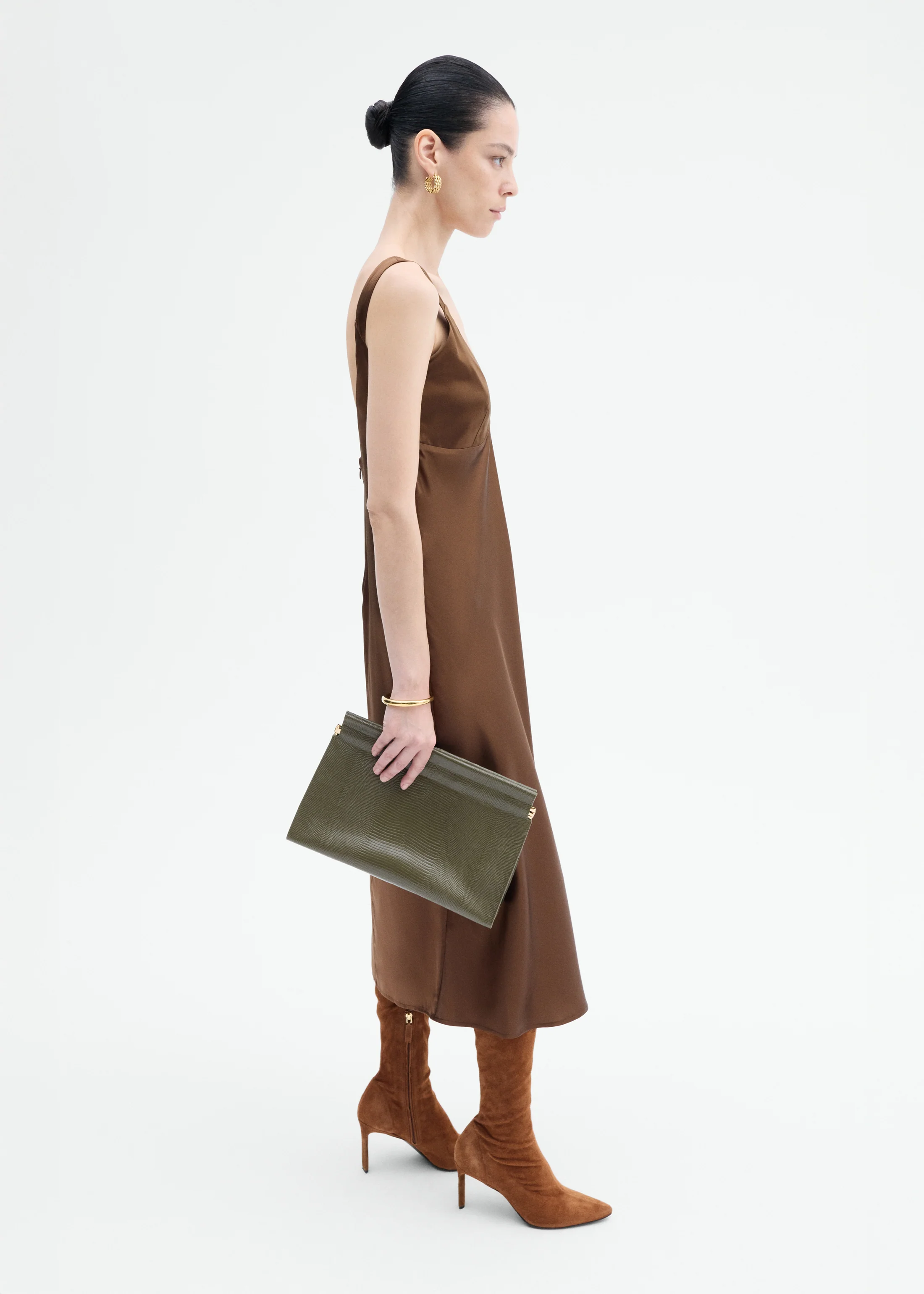 Large Leather Clutch - Olive - Image 5