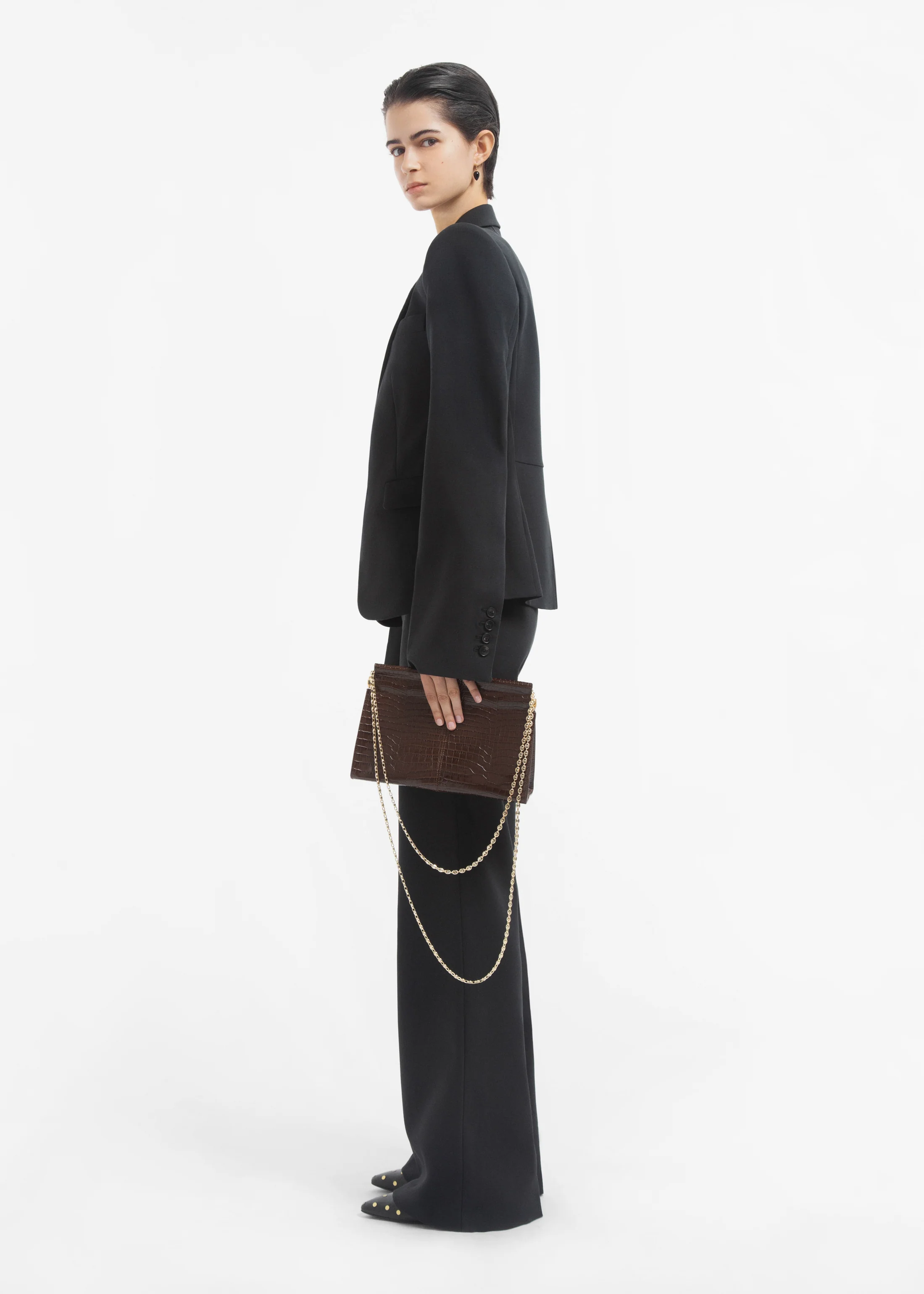 Small Leather Clutch with Chain - Brown - Image 5